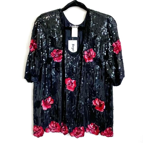 Vintage Y2K Silk Beaded Sequin Women Shirt Size 1X Black Roses Whimsigoth Witchy - Picture 1 of 12